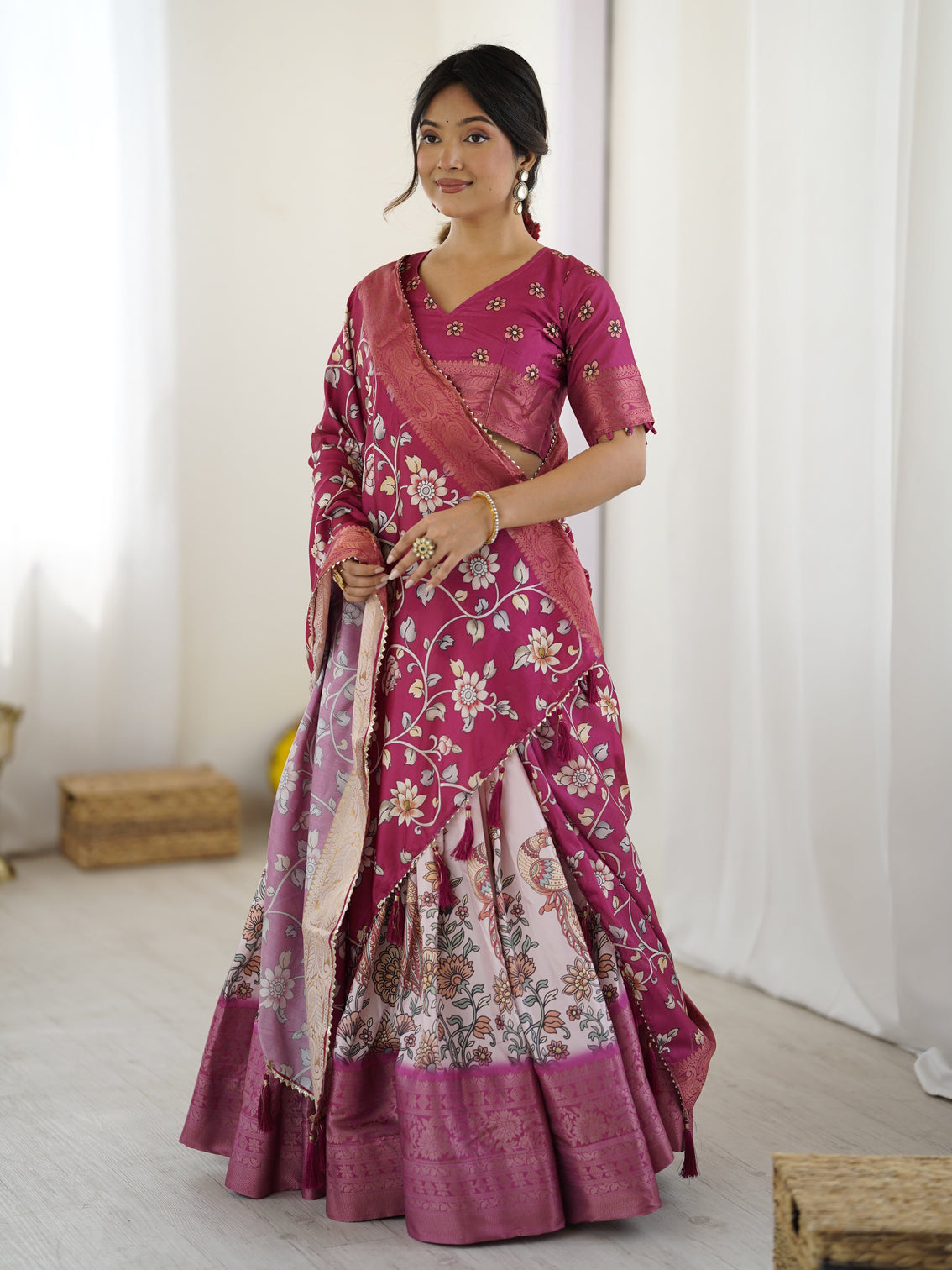 Magenta pink kalamkari lehenga with matching floral dupatta