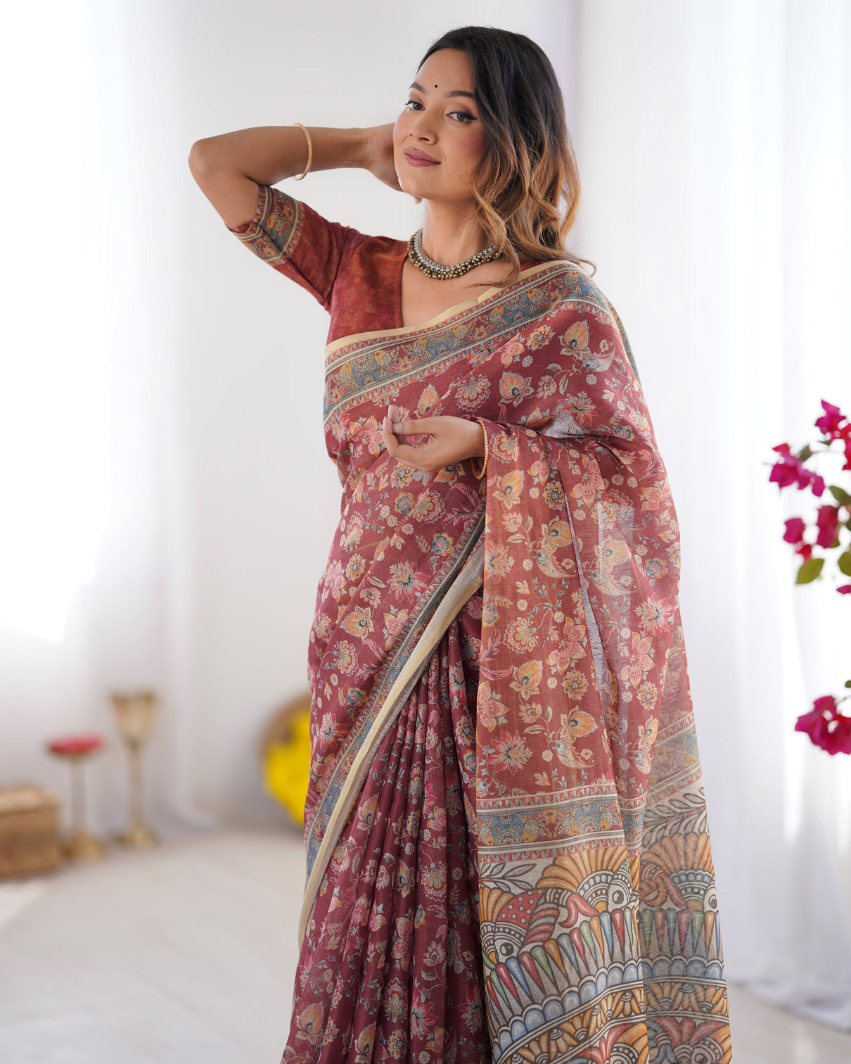 Rust maroon handloom cotton saree with floral jaal multicolor mandala pallu art