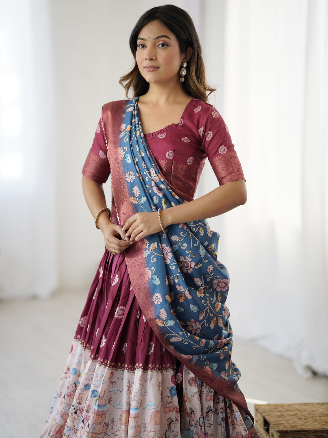 Wine maroon kalamkari lehenga with blue floral dupatta