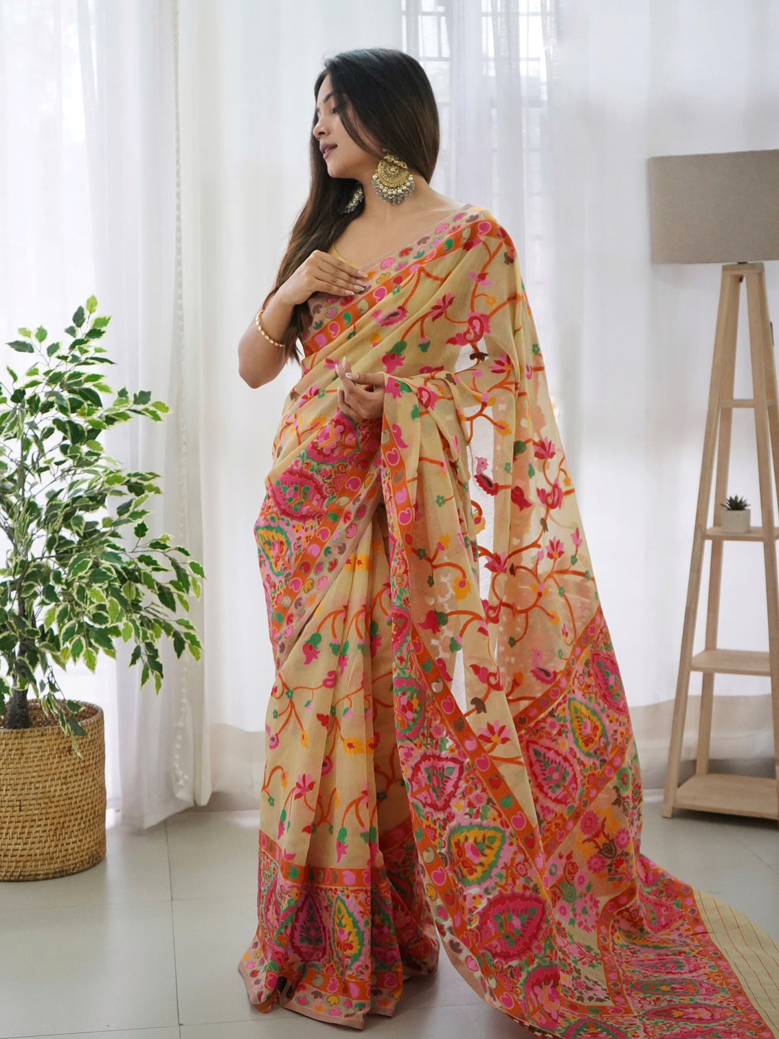Kashmiri pashmina cotton kachhi work multi thrade saree