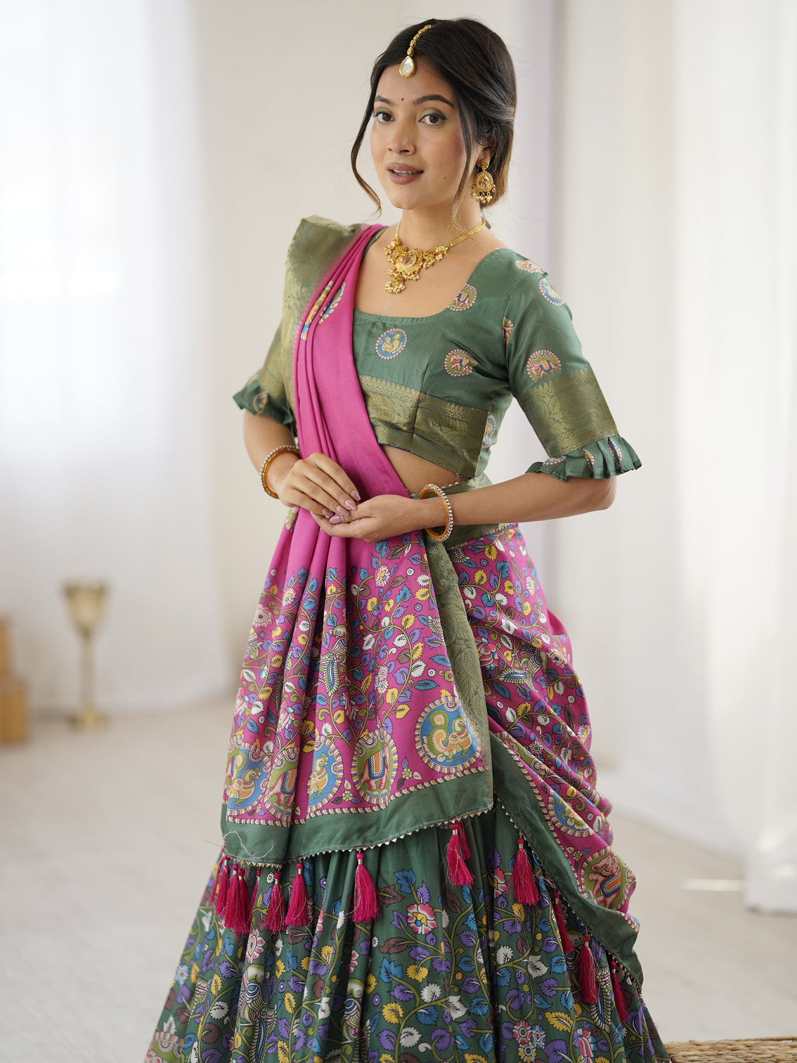 Green pink kalamkari tussar silk lehenga with zari border tassel dupatta festive wedding wear