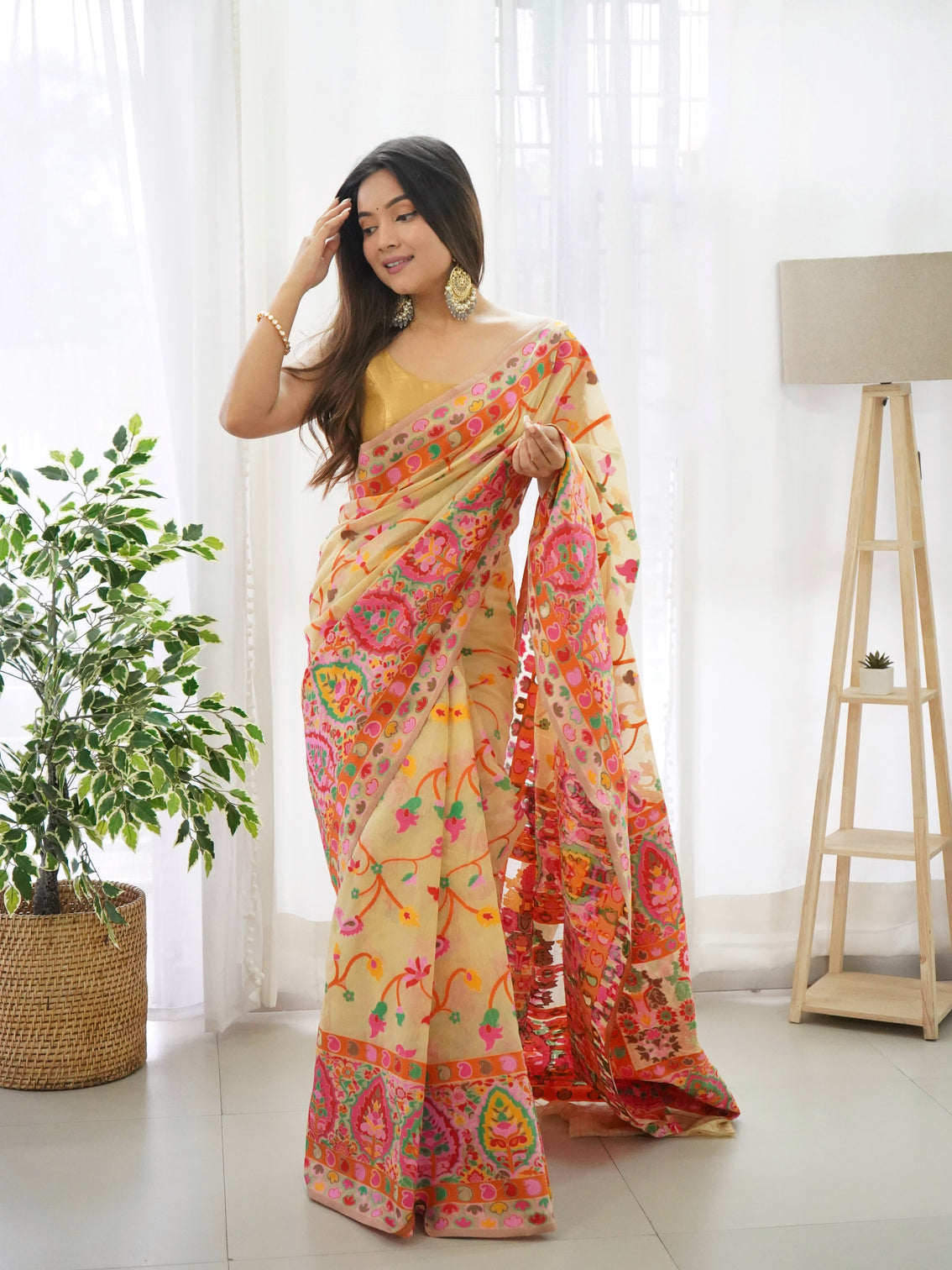 Kashmiri pashmina cotton kachhi work multi thrade saree