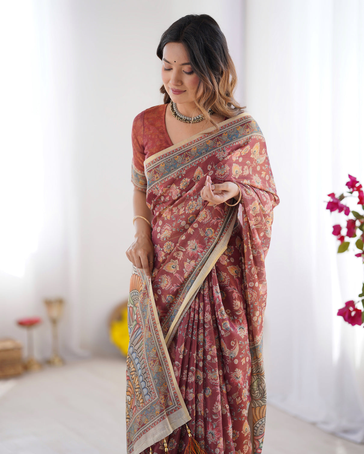 Rust maroon handloom cotton saree with floral jaal multicolor mandala pallu art