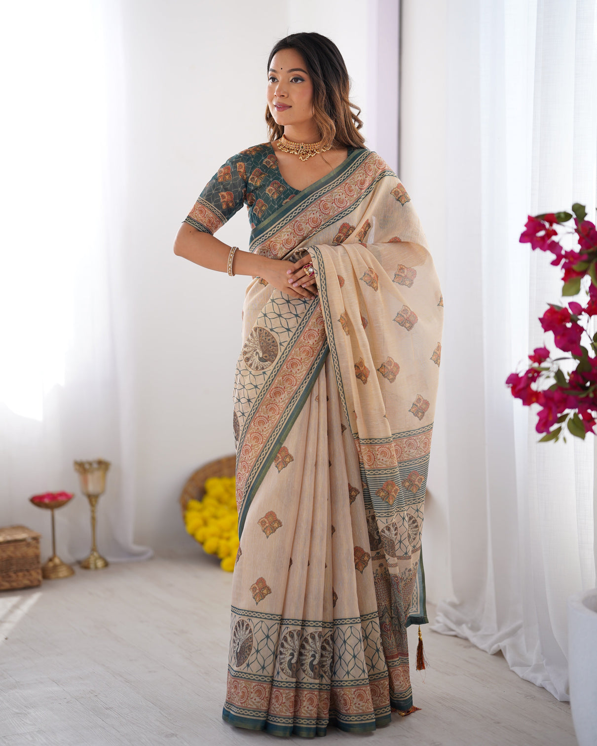 Ivory teal handloom cotton saree with buti print mandala motifs peacock pallu