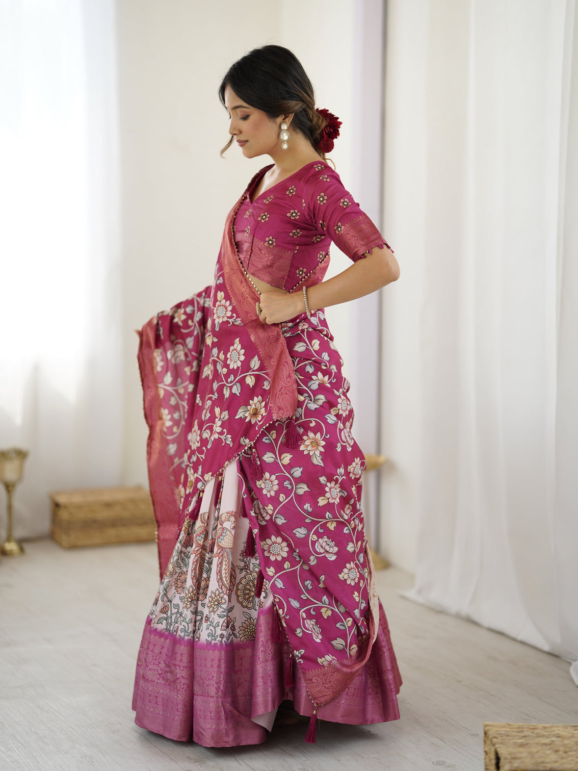 Magenta pink kalamkari lehenga with matching floral dupatta