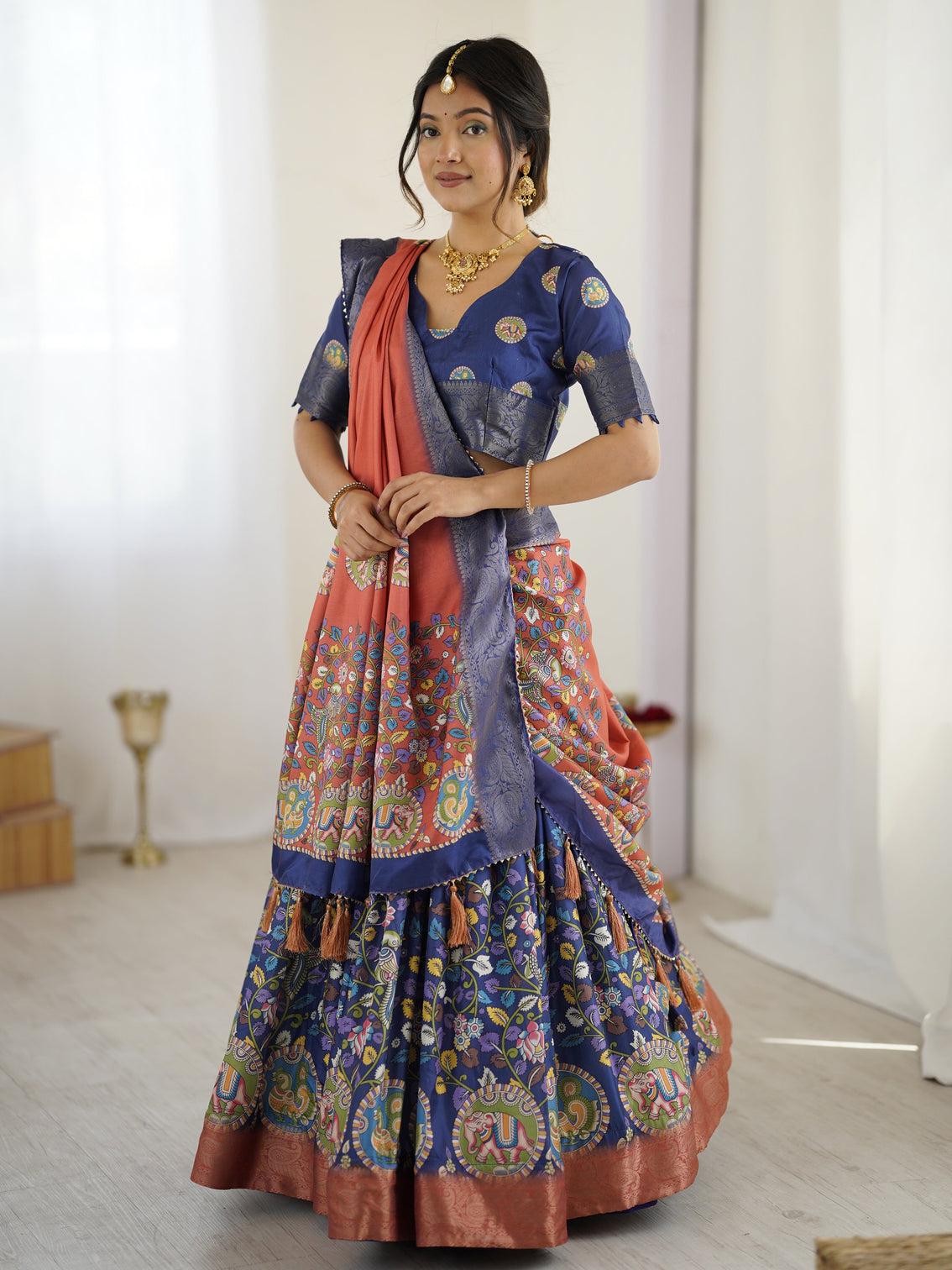 Royal blue rust kalamkari tussar silk lehenga with zari border tassel dupatta traditional wedding festive wear mameraa