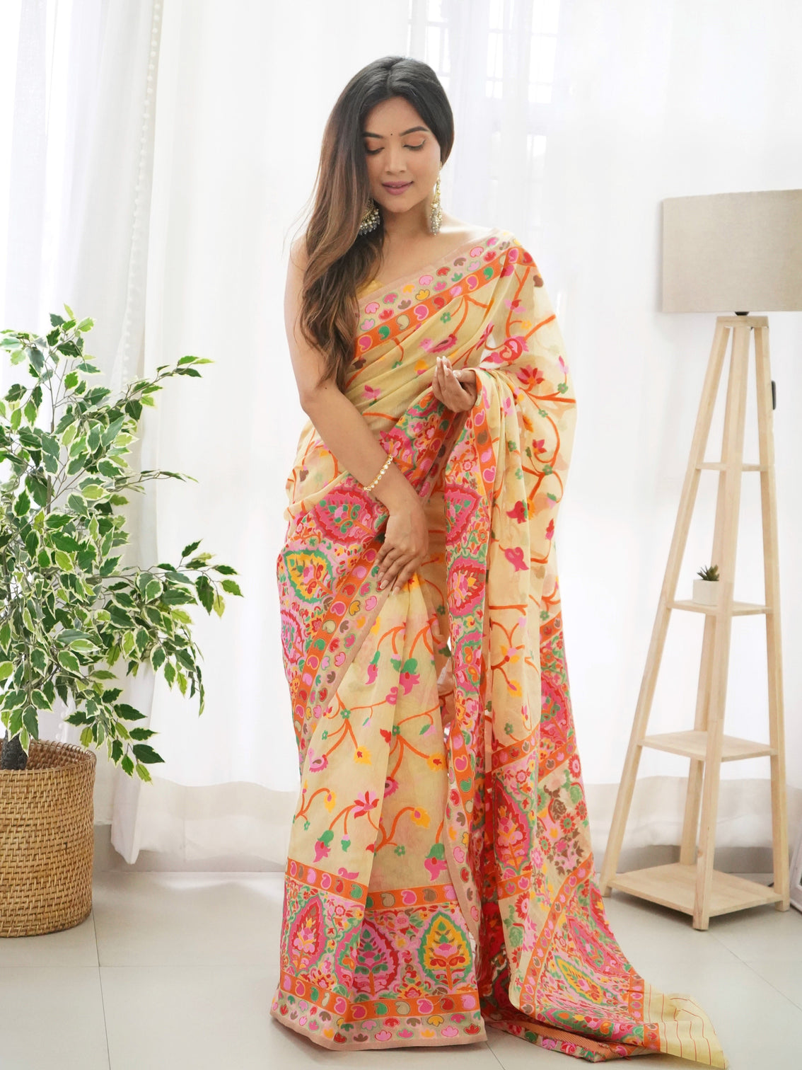 Kashmiri pashmina cotton kachhi work multi thrade saree