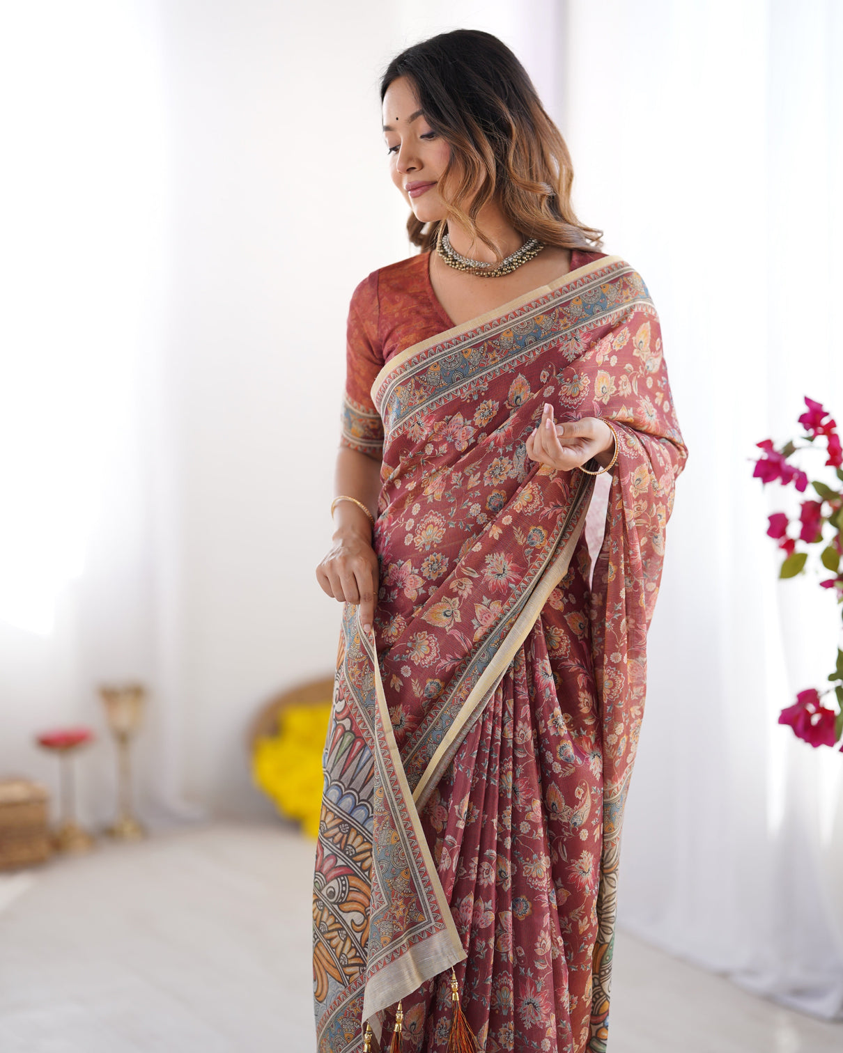 Rust maroon handloom cotton saree with floral jaal multicolor mandala pallu art