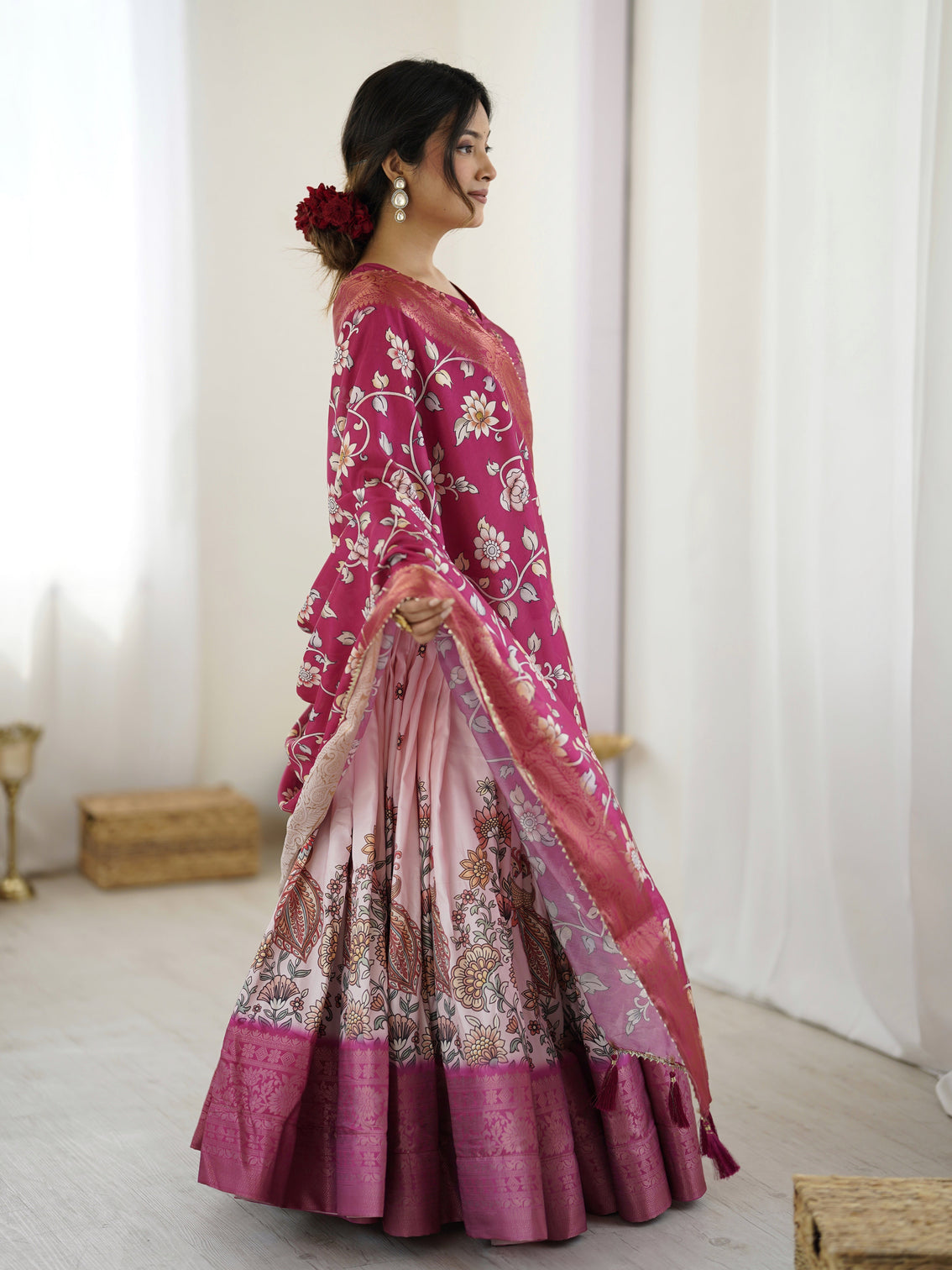 Magenta pink kalamkari lehenga with matching floral dupatta