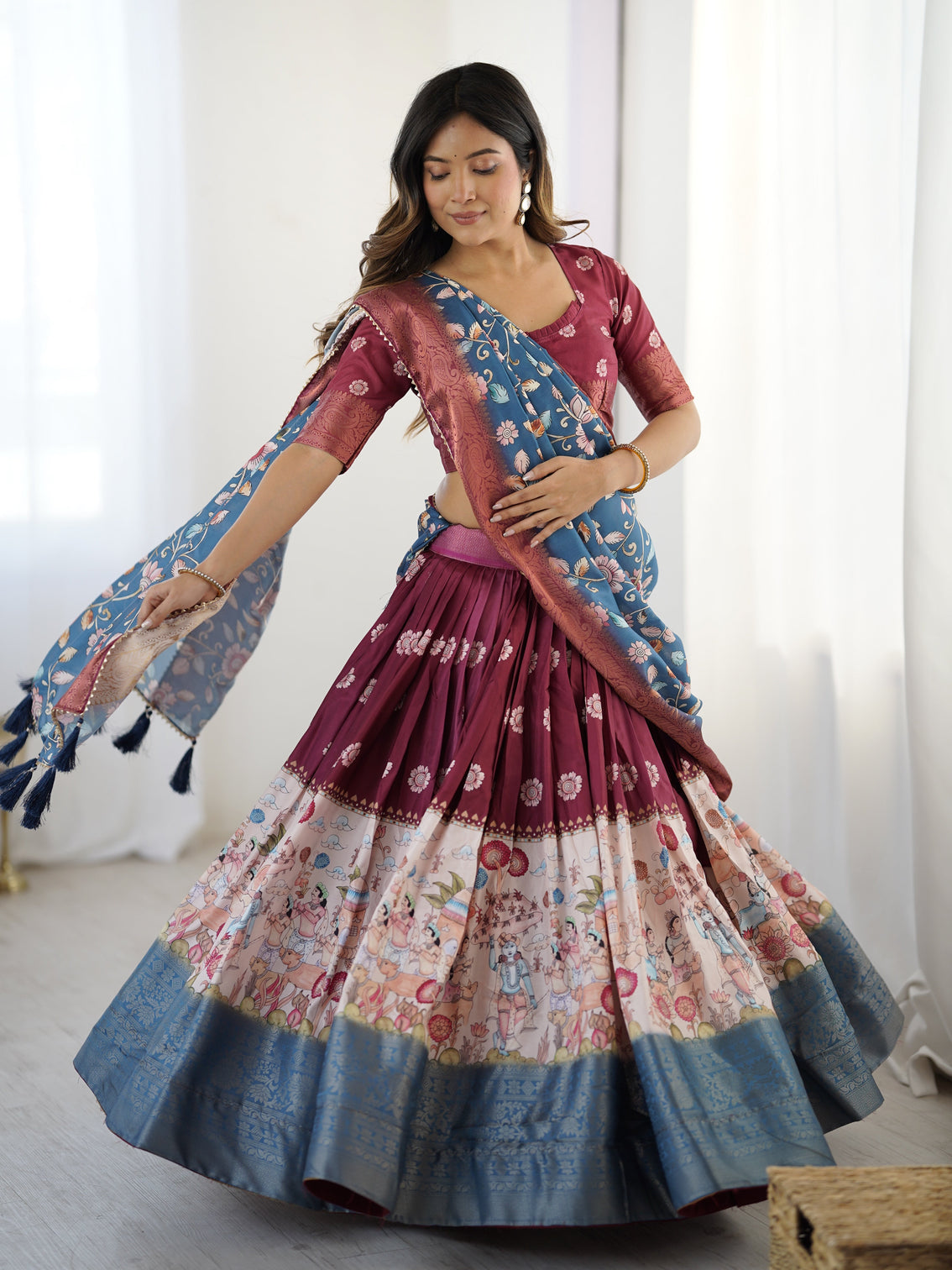Wine maroon kalamkari lehenga with blue floral dupatta