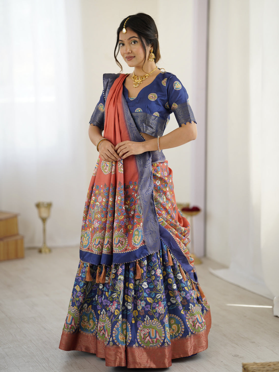 Royal blue rust kalamkari tussar silk lehenga with zari border tassel dupatta traditional wedding festive wear