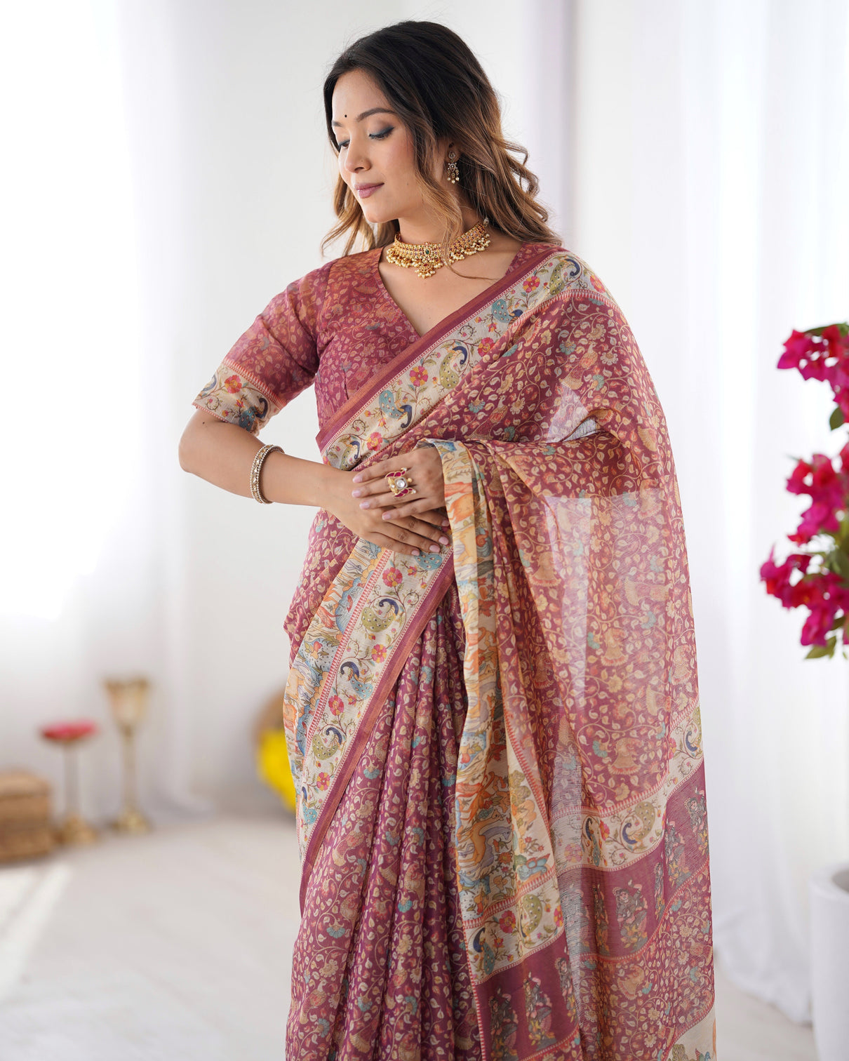 Maroon handloom cotton saree with all over floral print multicolor royal procession pallu