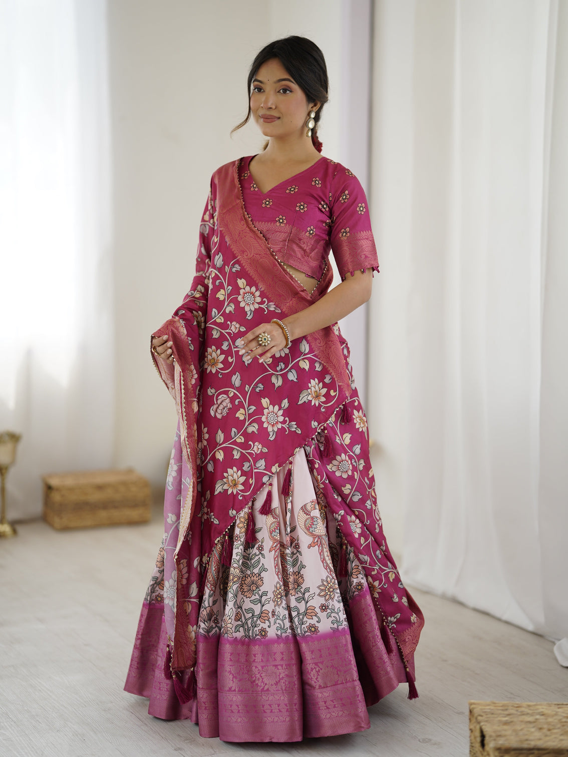 Magenta pink kalamkari lehenga with matching floral dupatta