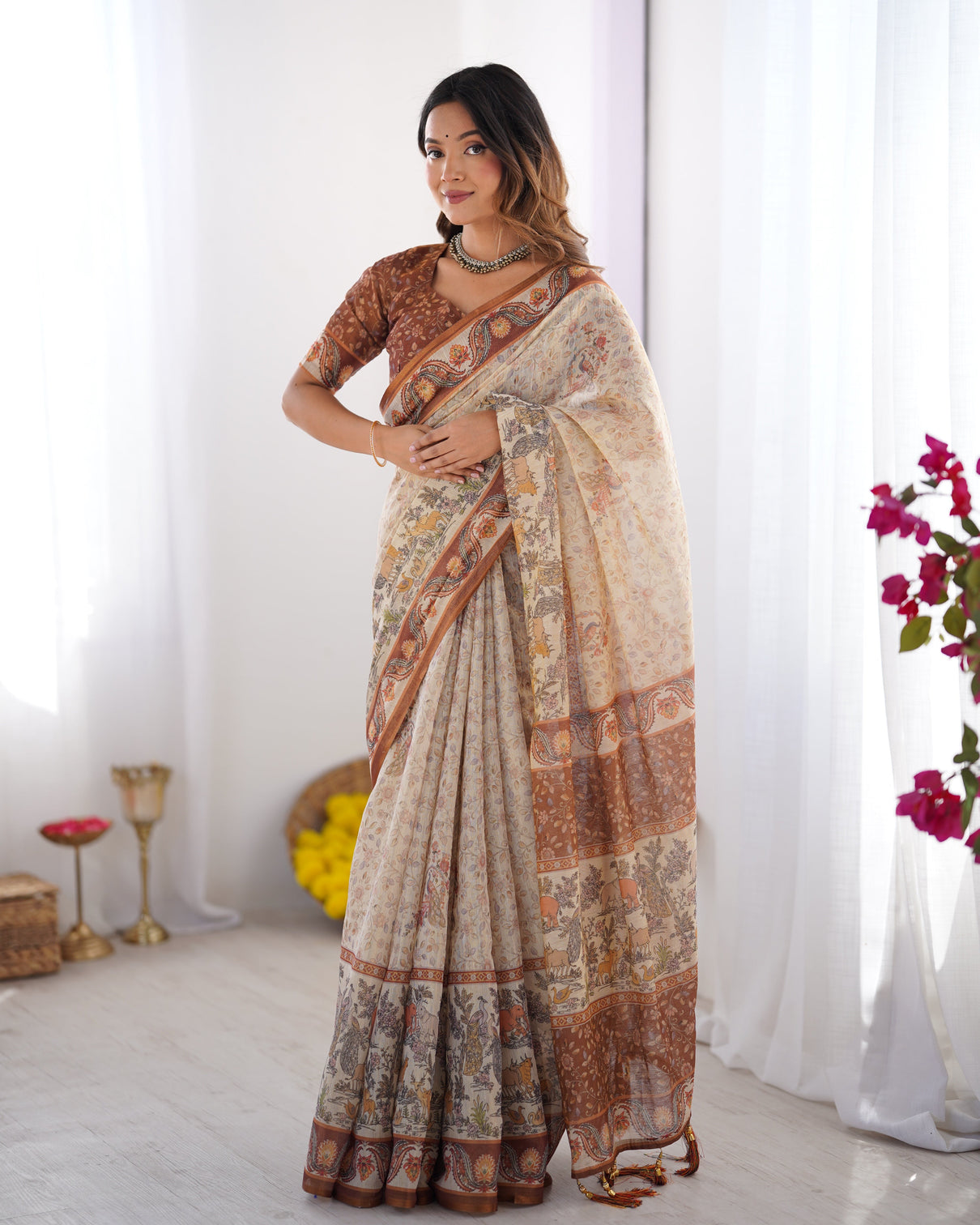 Elegant beige brown pure linen cotton handloom saree with animal motifs and floral prints mameraa