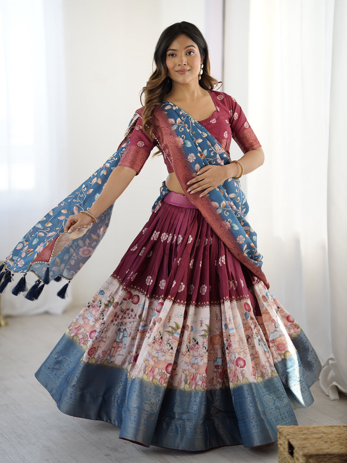 Wine maroon kalamkari lehenga with blue floral dupatta