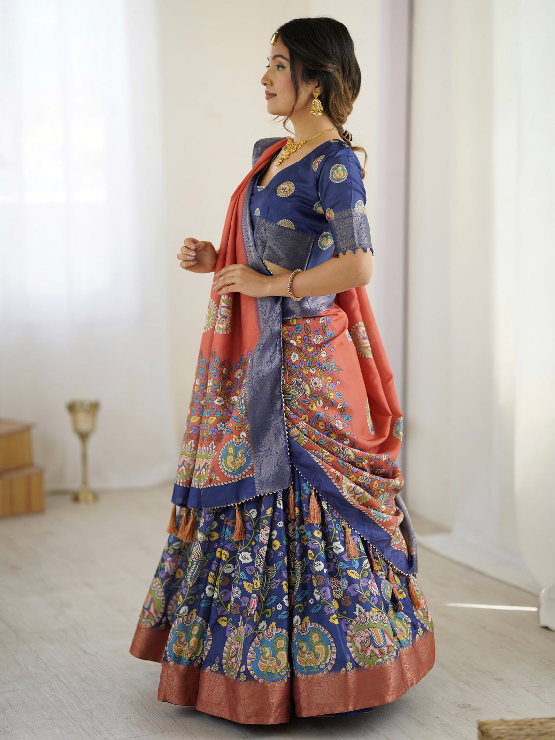 Royal blue rust kalamkari tussar silk lehenga with zari border tassel dupatta traditional wedding festive wear
