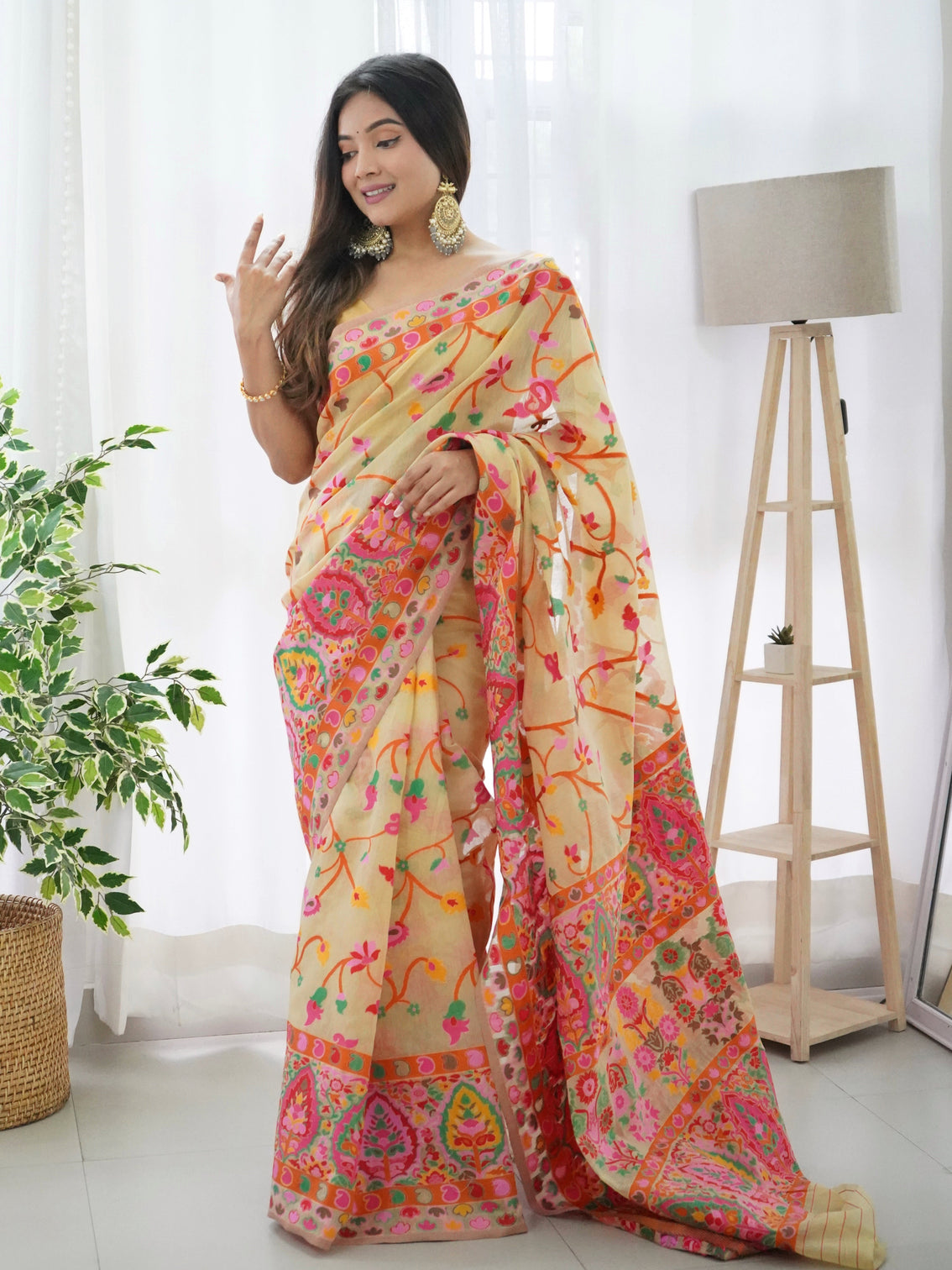 Kashmiri pashmina cotton kachhi work multi thrade saree