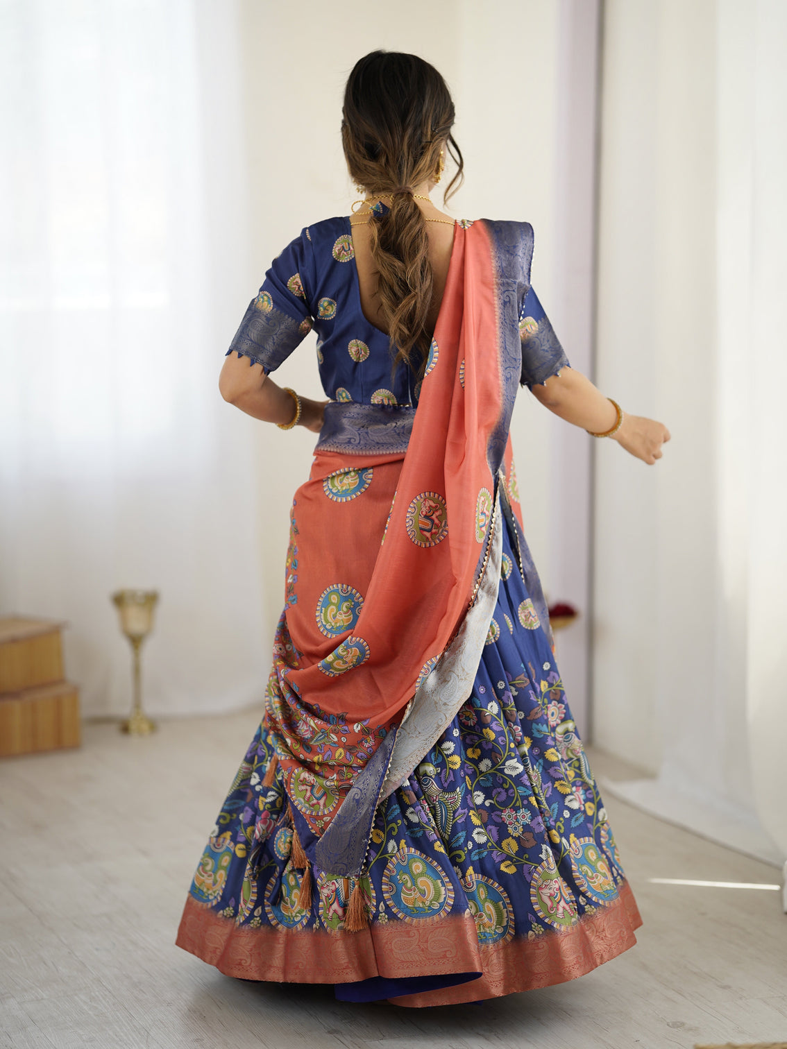 Royal blue rust kalamkari tussar silk lehenga with zari border tassel dupatta traditional wedding festive wear