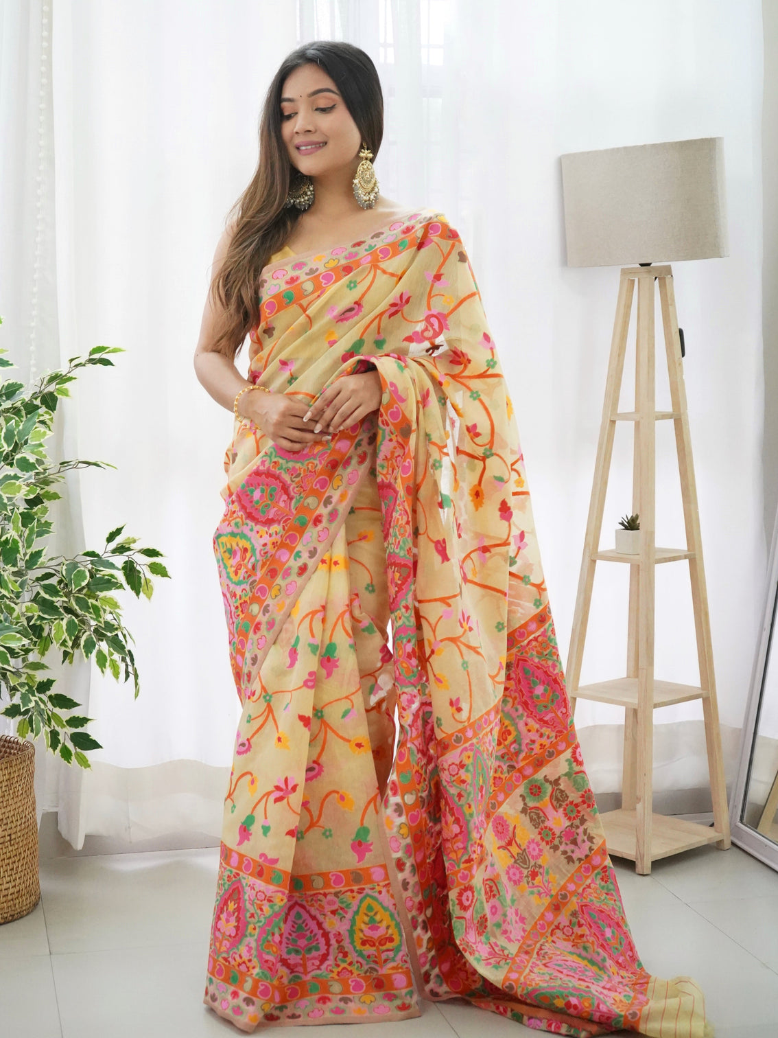 Kashmiri pashmina cotton kachhi work multi thrade saree mameraa