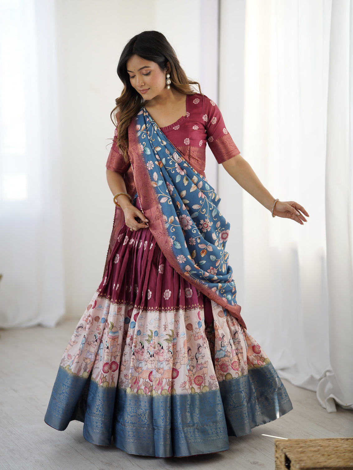 Wine maroon kalamkari lehenga with blue floral dupatta