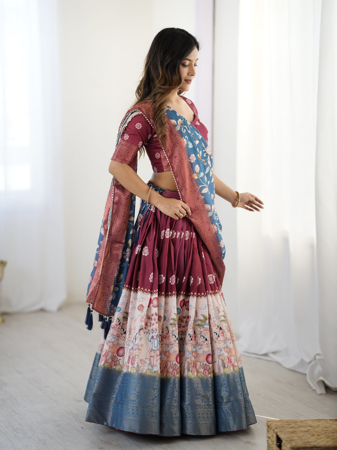 Wine maroon kalamkari lehenga with blue floral dupatta