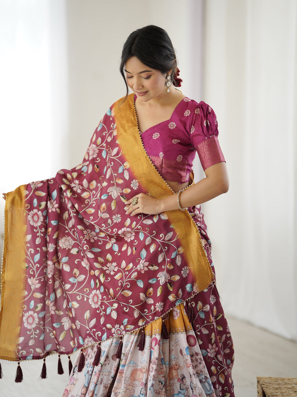 Maroon kalamkari lehenga with mustard zari embroidered dupatta