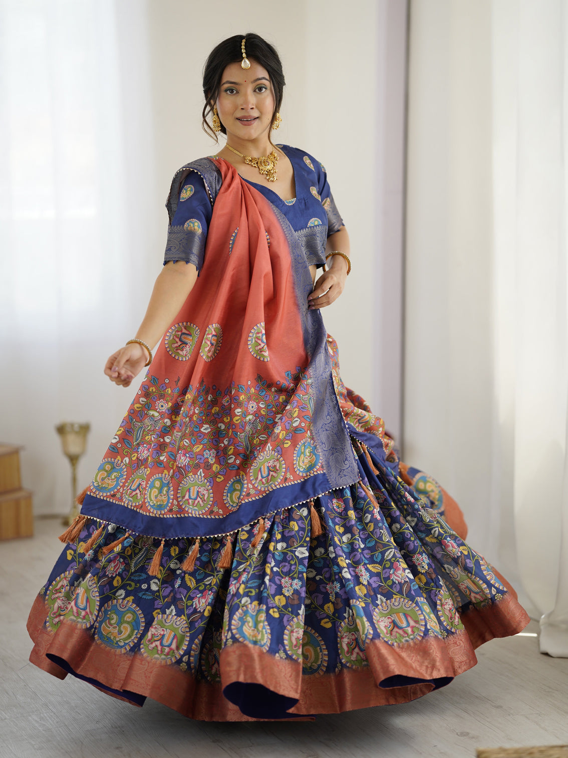 Royal blue rust kalamkari tussar silk lehenga with zari border tassel dupatta traditional wedding festive wear