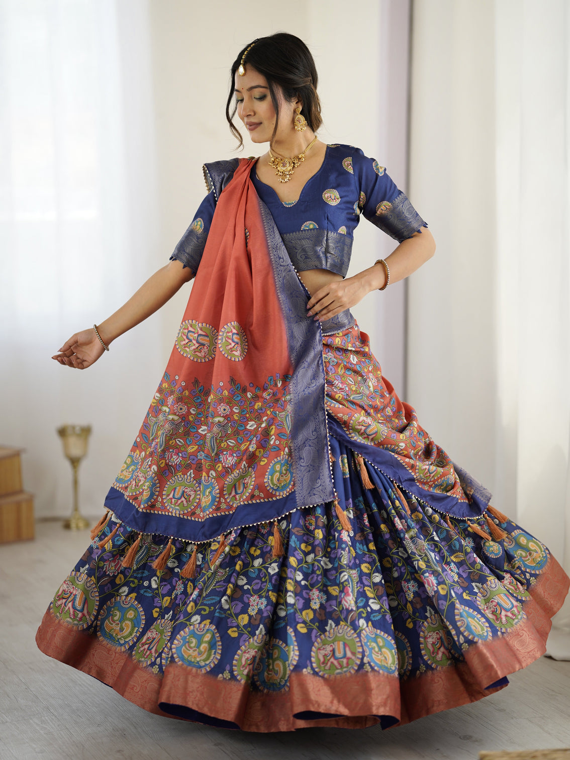 Royal blue rust kalamkari tussar silk lehenga with zari border tassel dupatta traditional wedding festive wear