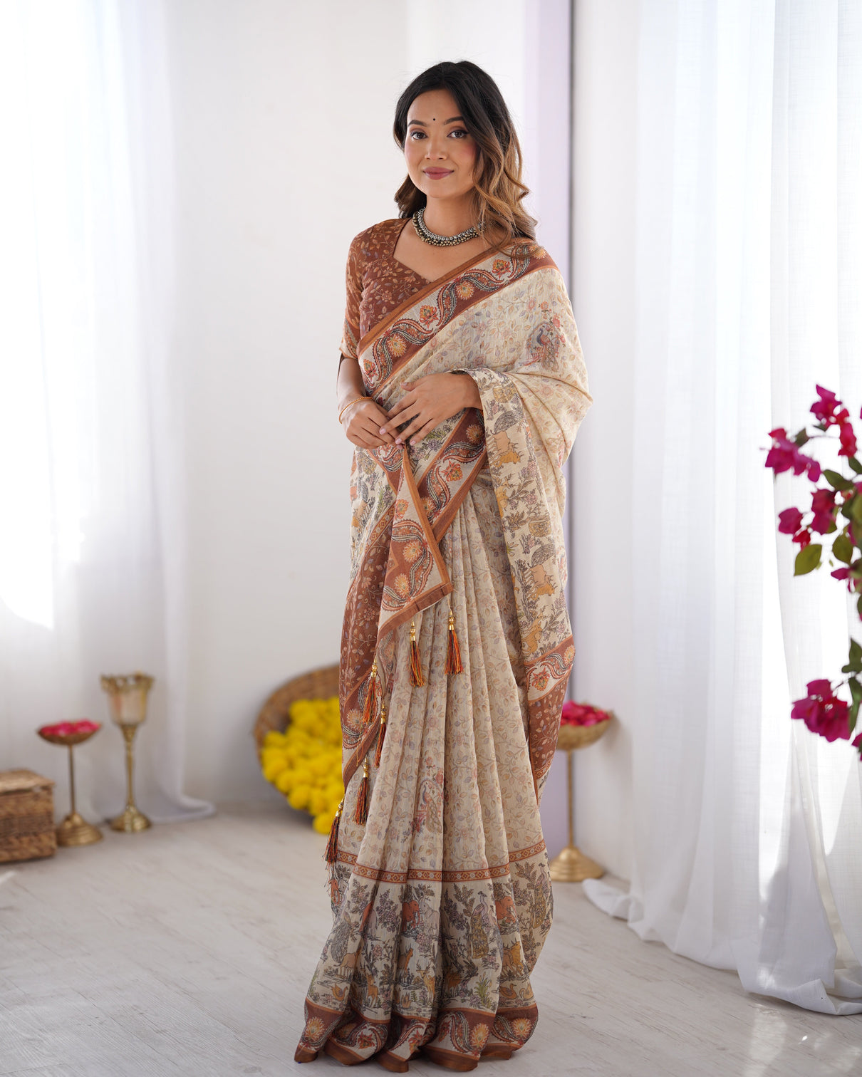 Elegant beige brown pure linen cotton handloom saree with animal motifs and floral prints