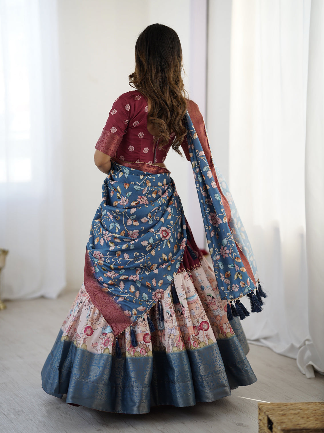 Wine maroon kalamkari lehenga with blue floral dupatta