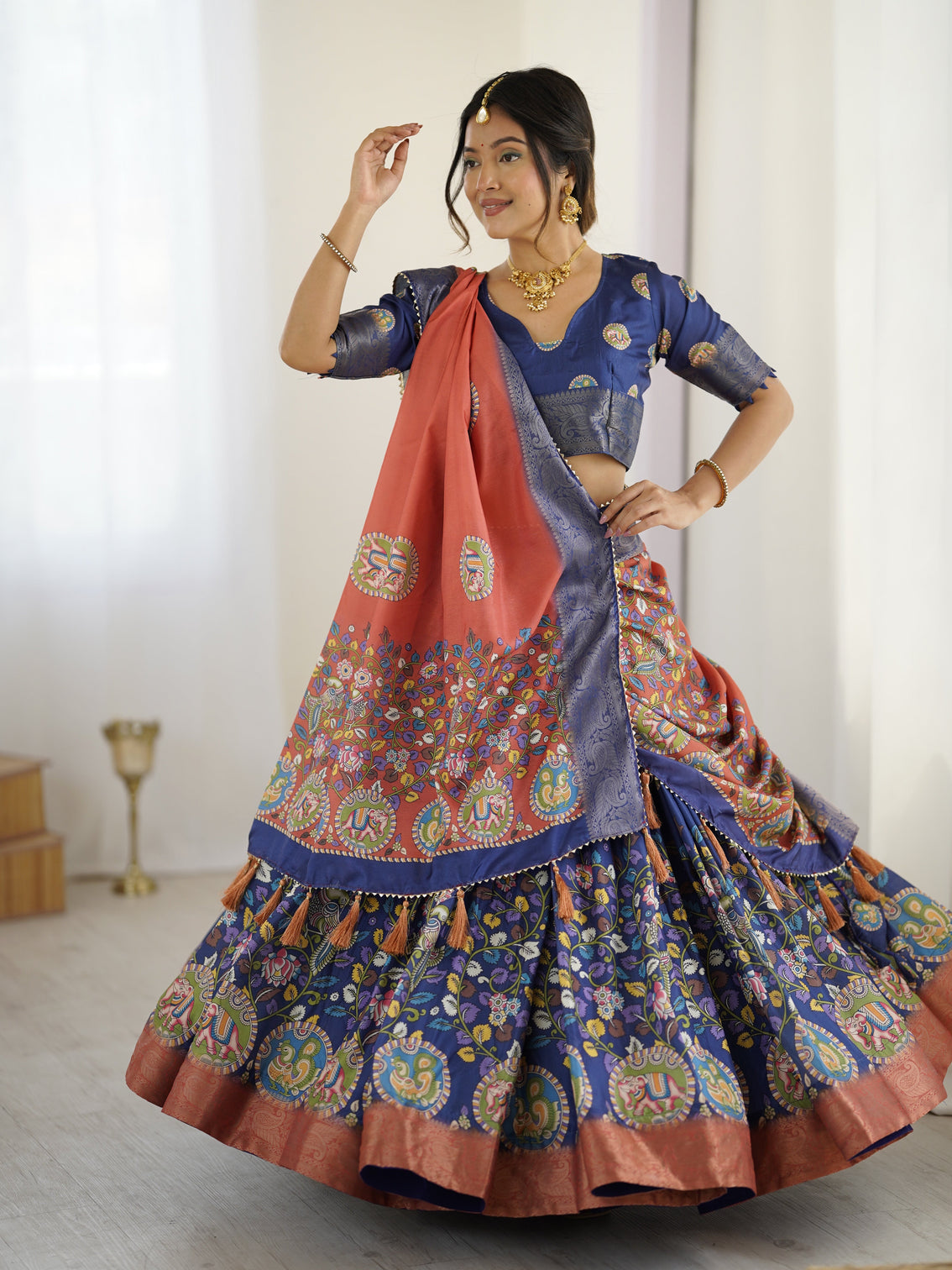 Royal blue rust kalamkari tussar silk lehenga with zari border tassel dupatta traditional wedding festive wear