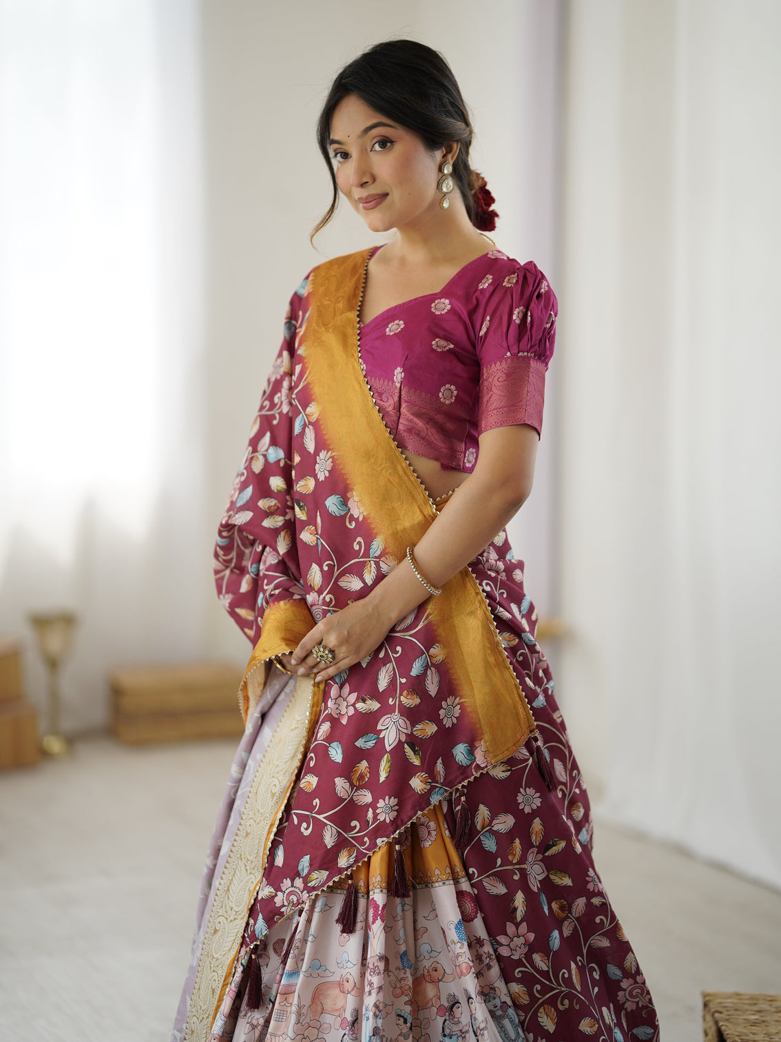 Maroon kalamkari lehenga with mustard zari embroidered dupatta