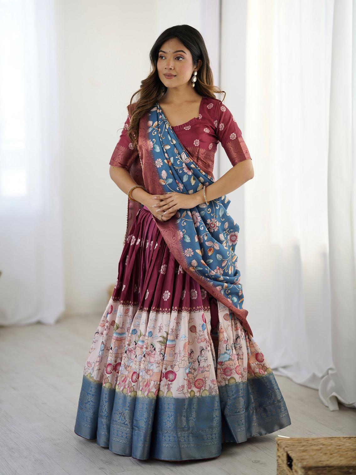 Wine maroon kalamkari lehenga with blue floral dupatta