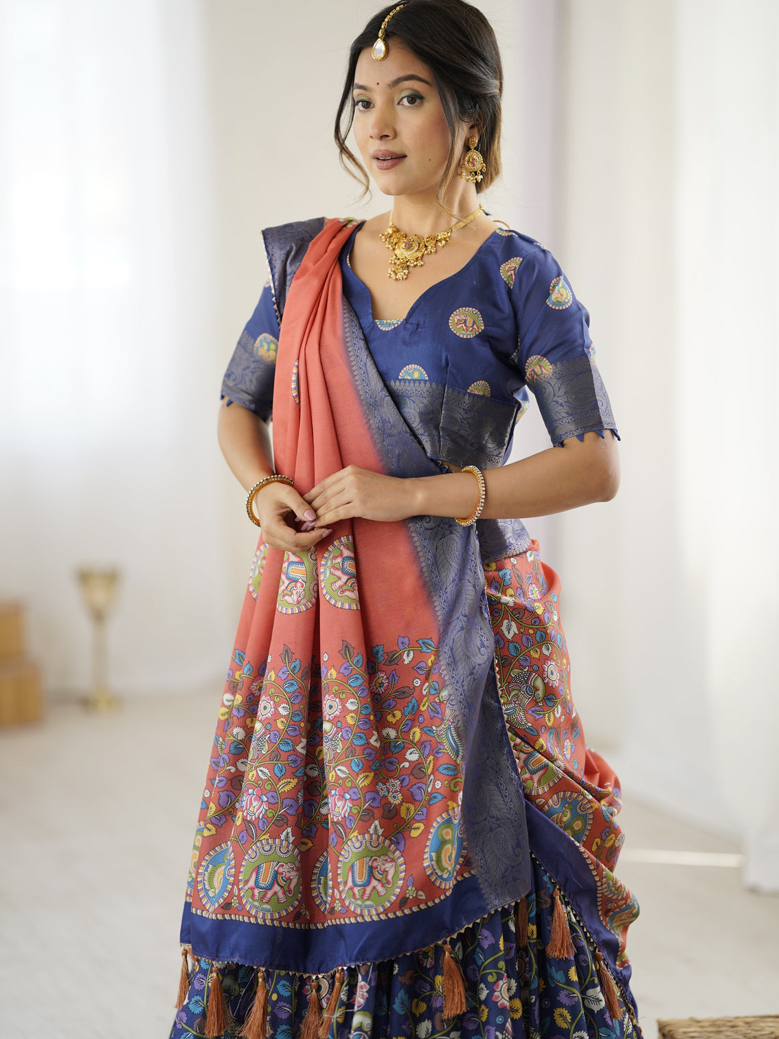 Royal blue rust kalamkari tussar silk lehenga with zari border tassel dupatta traditional wedding festive wear
