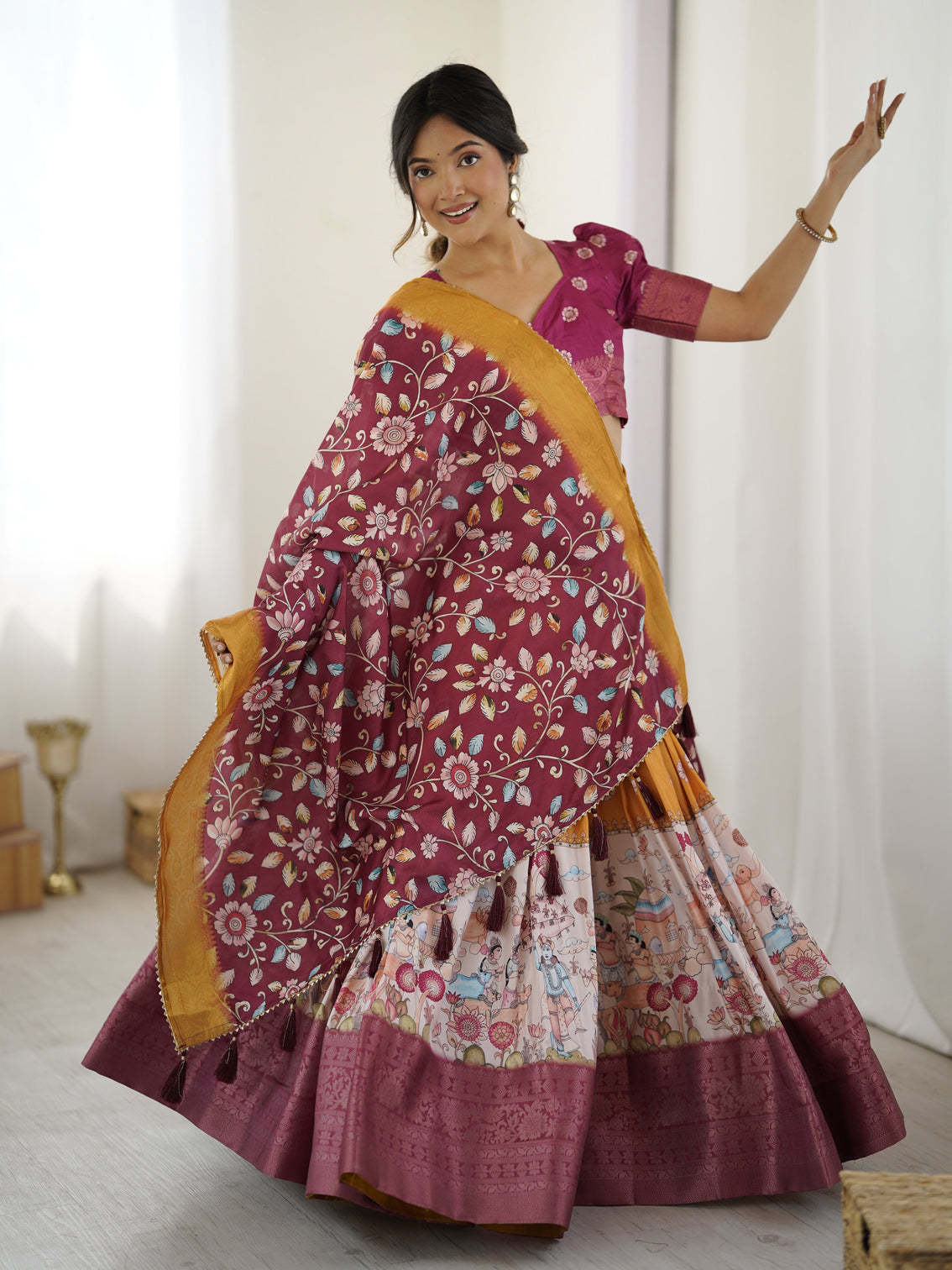 Maroon kalamkari lehenga with mustard zari embroidered dupatta