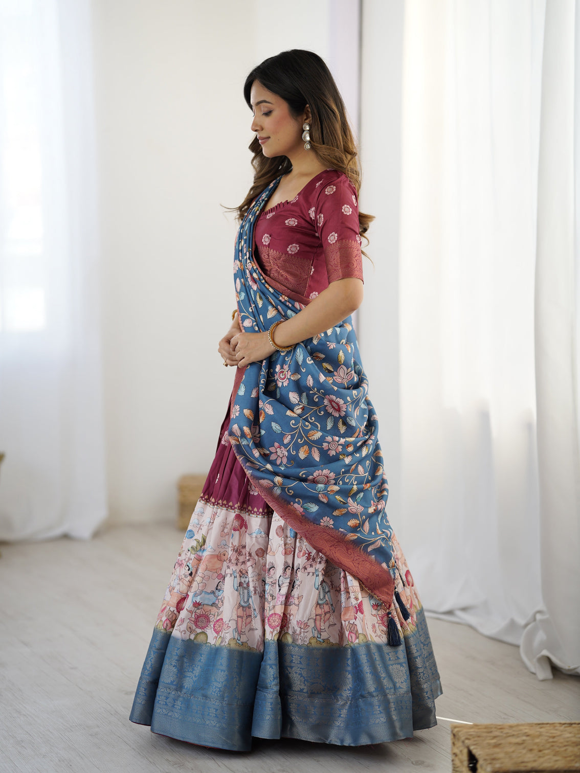 Wine maroon kalamkari lehenga with blue floral dupatta