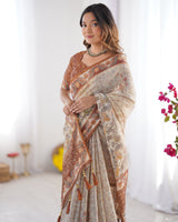 Elegant Beige & Brown Pure Linen Cotton Handloom Saree with Animal Motifs and Floral Prints