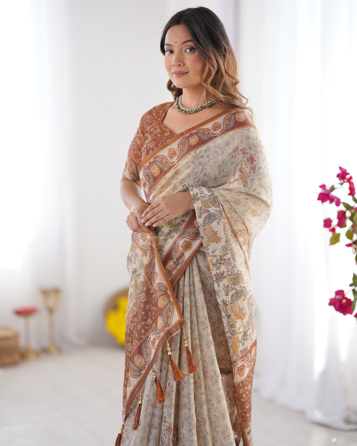Elegant beige brown pure linen cotton handloom saree with animal motifs and floral prints
