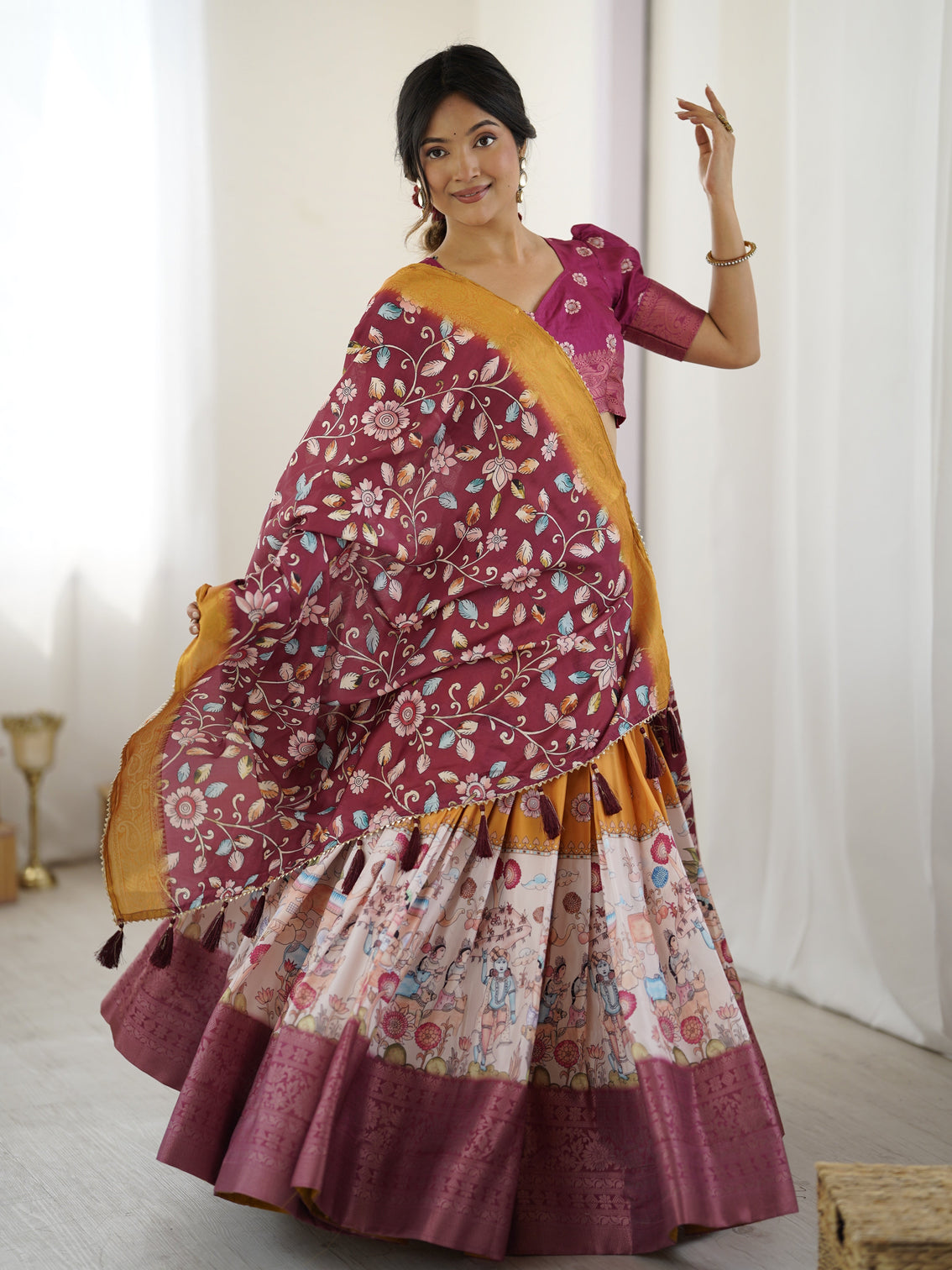 Maroon kalamkari lehenga with mustard zari embroidered dupatta mameraa