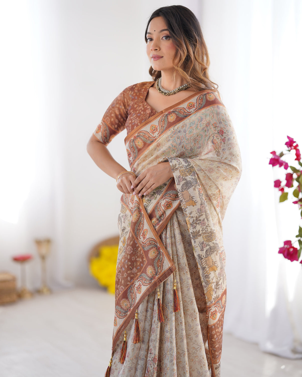 Elegant beige brown pure linen cotton handloom saree with animal motifs and floral prints