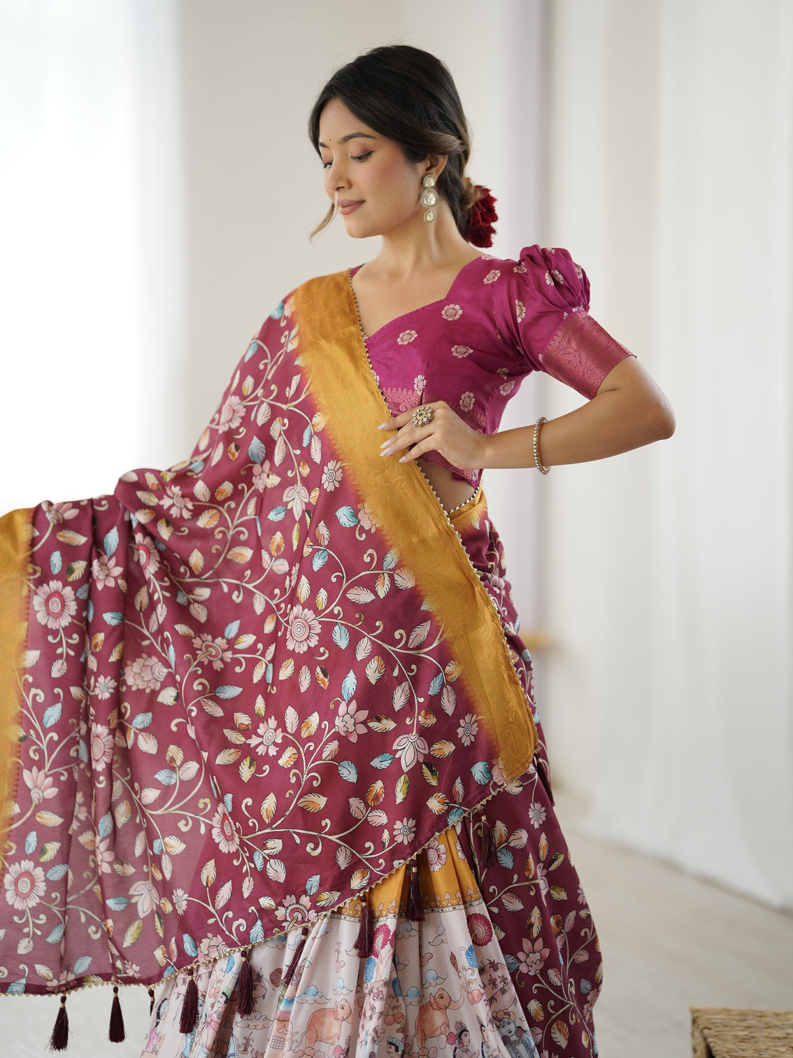 Maroon kalamkari lehenga with mustard zari embroidered dupatta