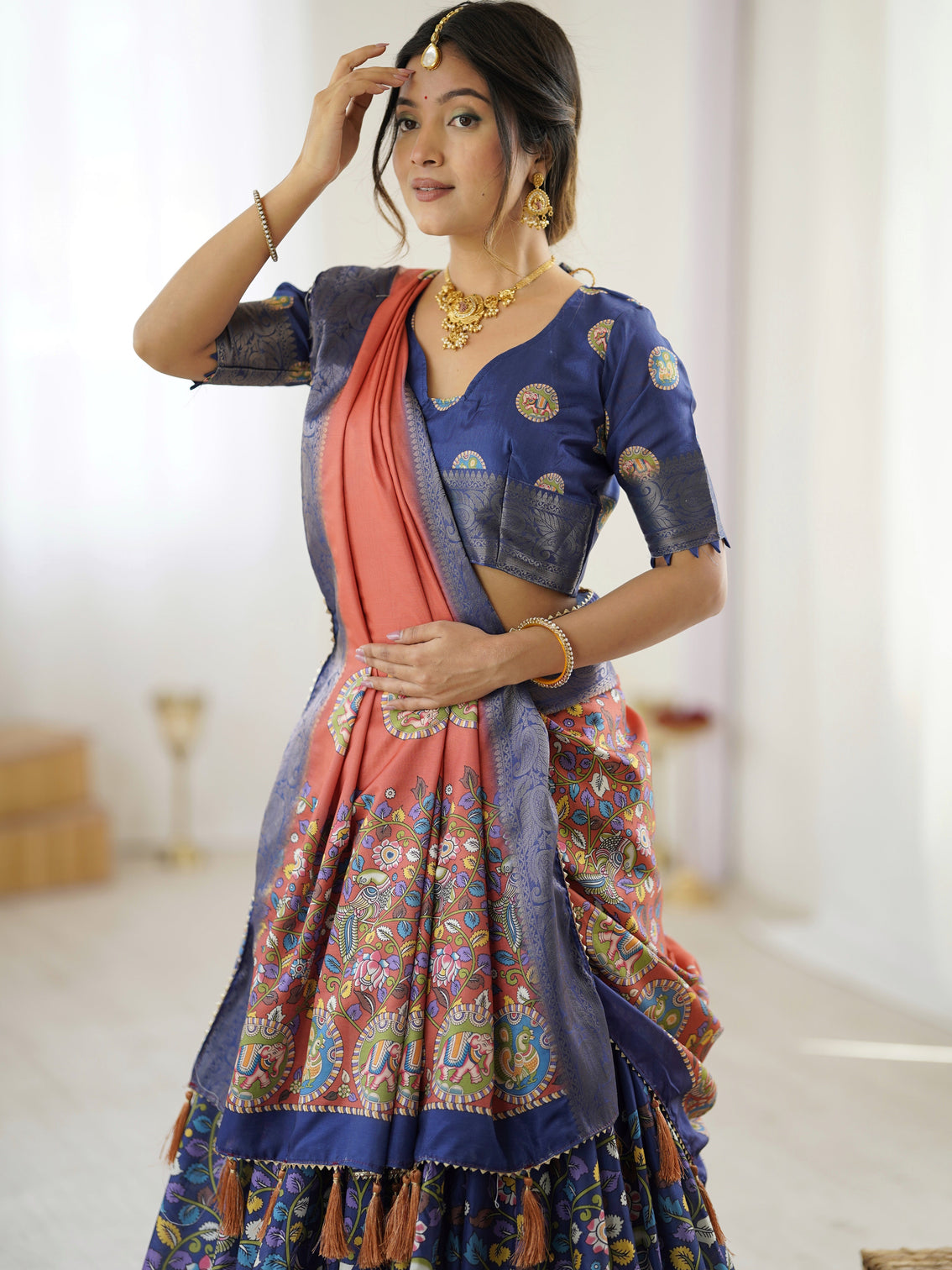 Royal blue rust kalamkari tussar silk lehenga with zari border tassel dupatta traditional wedding festive wear