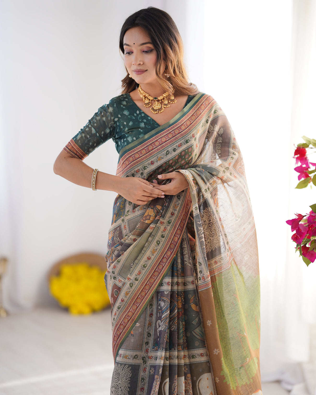 Teal green brown pure linen cotton handloom saree with royal cow tree motif pallu