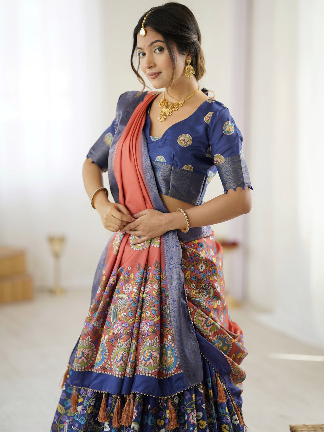 Royal blue rust kalamkari tussar silk lehenga with zari border tassel dupatta traditional wedding festive wear