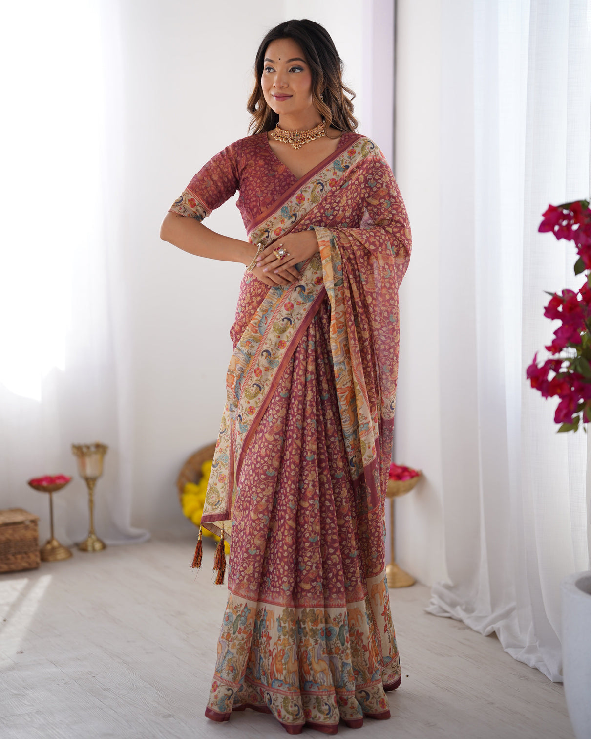 Maroon handloom cotton saree with all over floral print multicolor royal procession pallu mameraa