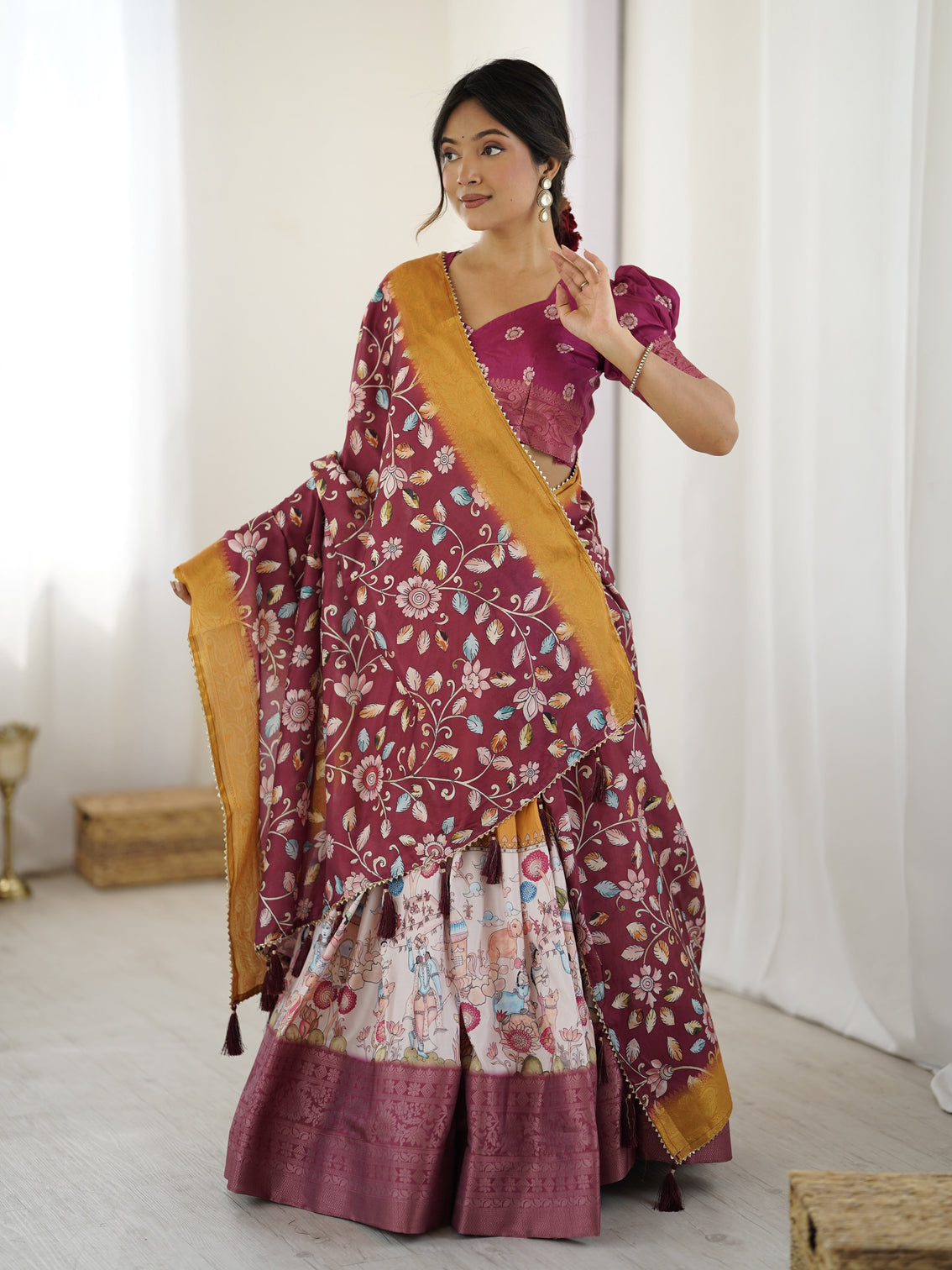 Maroon kalamkari lehenga with mustard zari embroidered dupatta