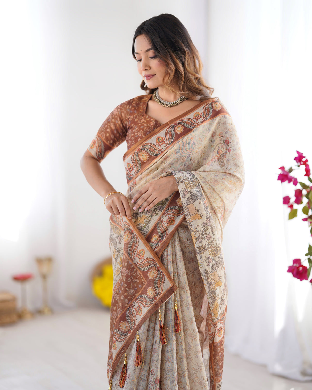 Elegant beige brown pure linen cotton handloom saree with animal motifs and floral prints