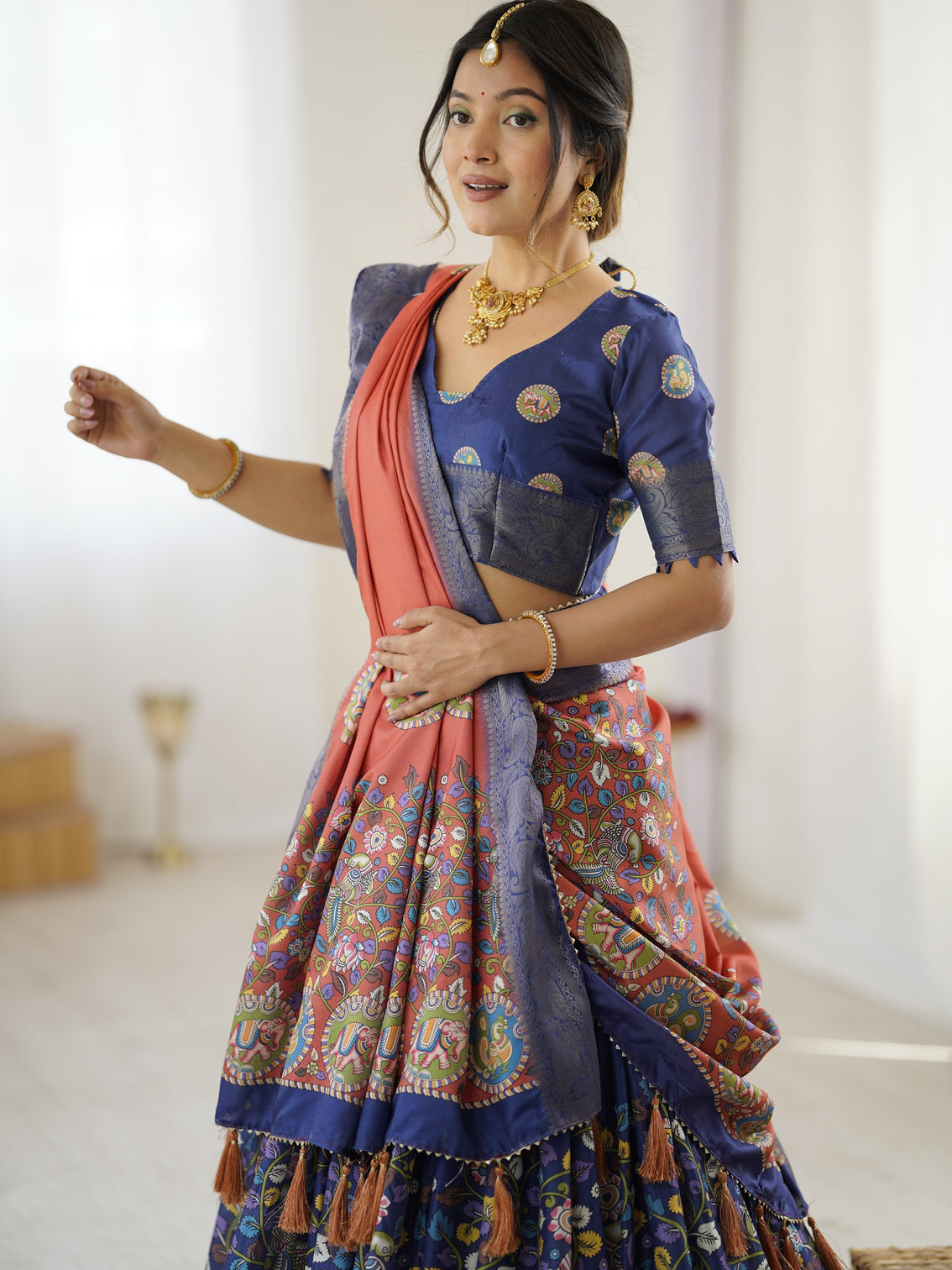 Royal blue rust kalamkari tussar silk lehenga with zari border tassel dupatta traditional wedding festive wear