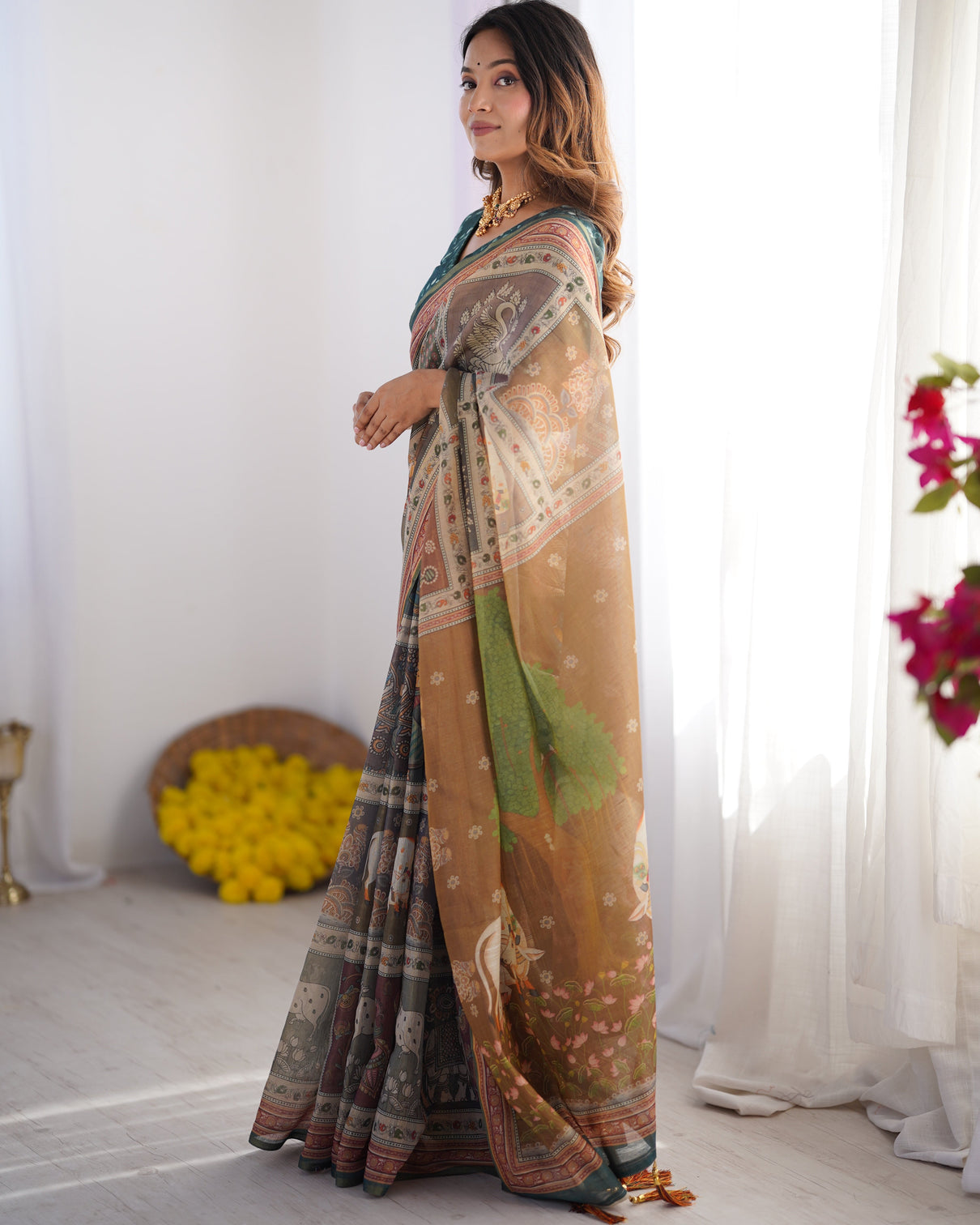 Teal green brown pure linen cotton handloom saree with royal cow tree motif pallu