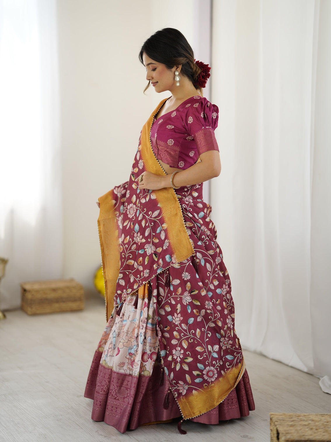Maroon kalamkari lehenga with mustard zari embroidered dupatta
